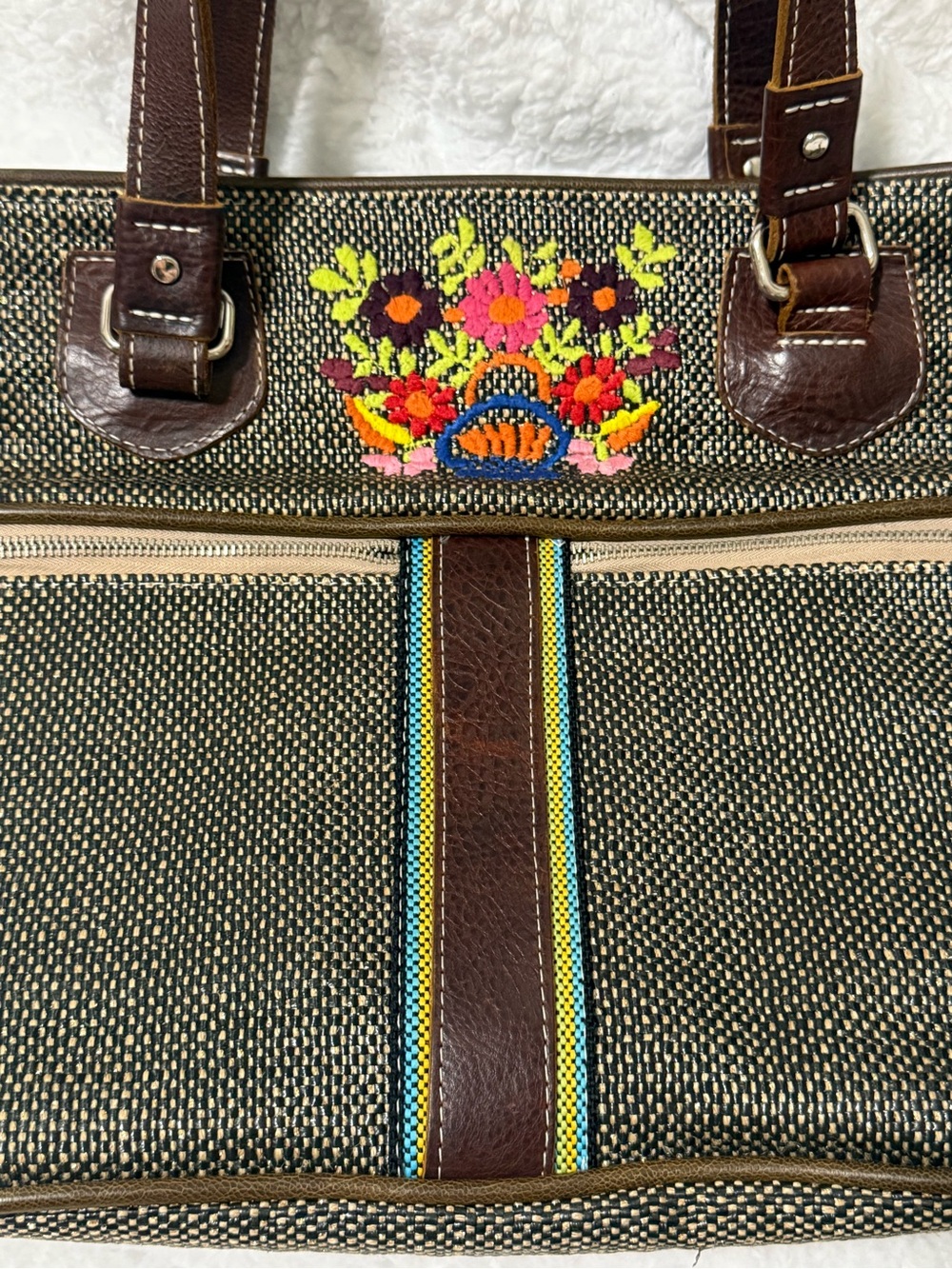 Consuela Embroidered Woven Tote in Brown with Multicolor Floral Interior